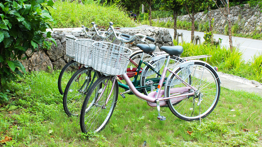 緑の中に並ぶハートらんどのレンタサイクル